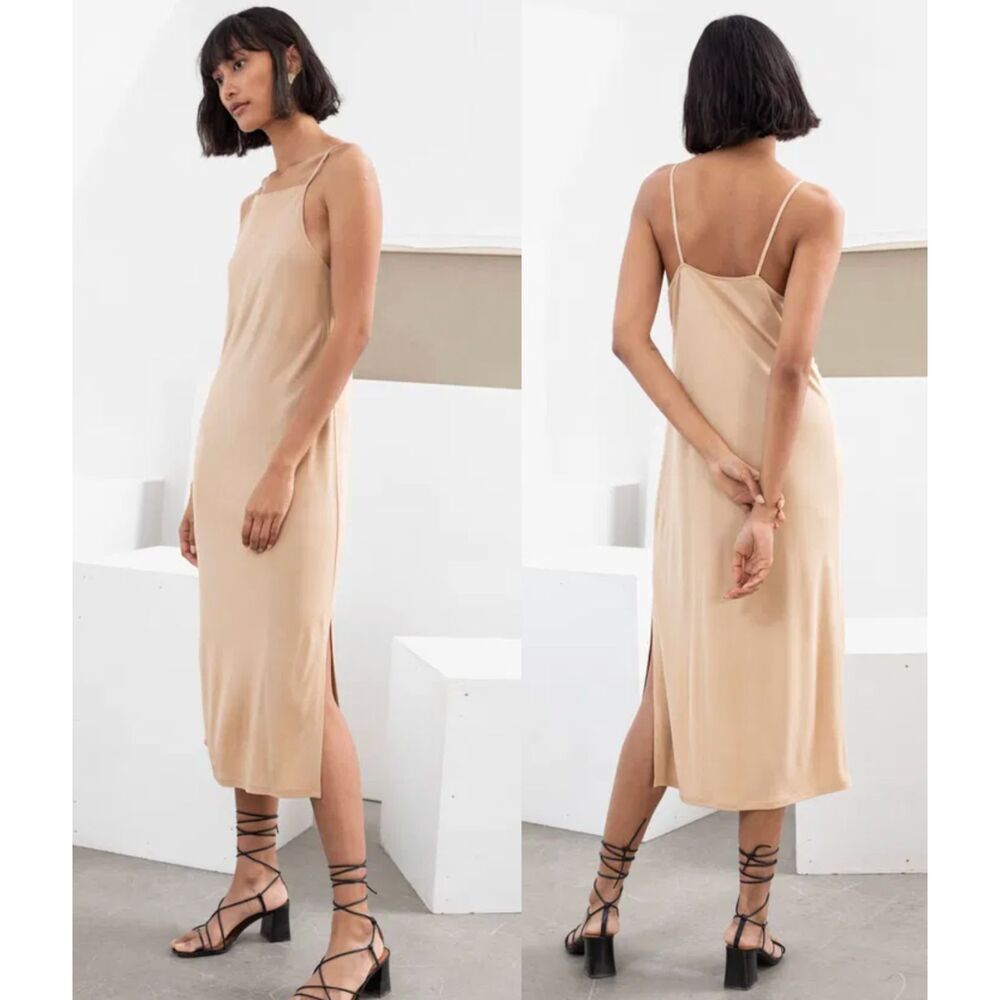 & Other Stories Square Neck Midi Slip Dress Minimalistic Beige Size 0/XS NWT
